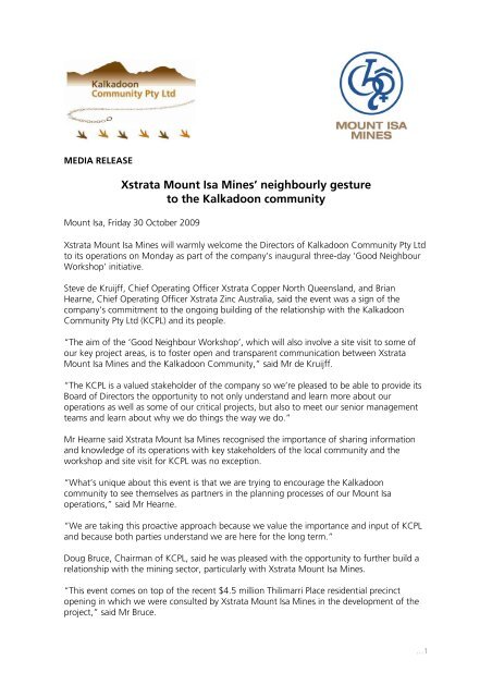 Xstrata Mount Isa Mines' neighbourly gesture to the Kalkadoon ...