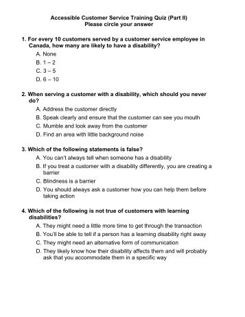 Accessible Customer Service Training Quiz (Part II) Please circle ...