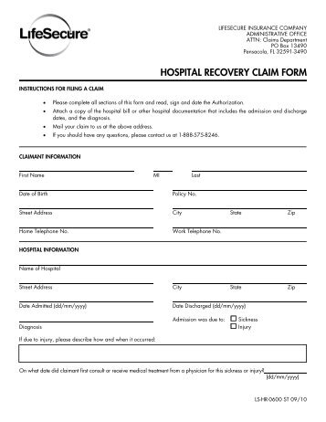 HOSPITAL RECOVERY CLAIM FORM - Lookinghelp.com h ...