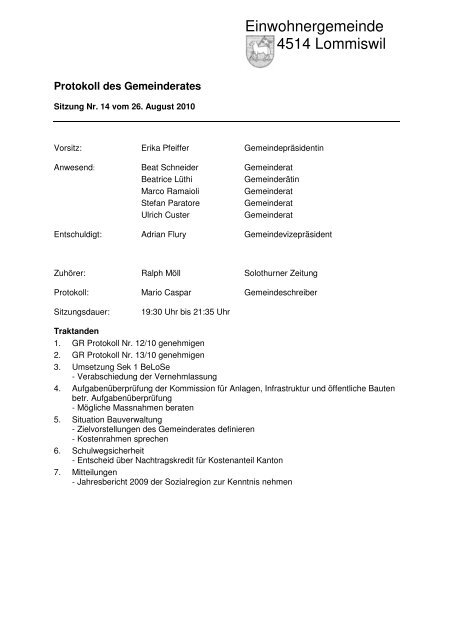 Protokoll vom 26. August 2010 - Gemeinde Lommiswil