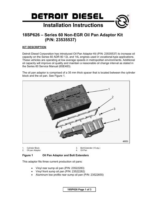 18sp626 A A A Series 60 Non Egr Oil Pan Adaptor Kit P N