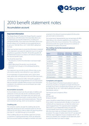 2010 benefit statement notes - QSuper - Queensland Government