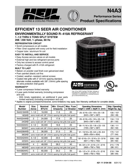 EFFICIENT 13 SEER AIR CONDITIONER Product Specifications