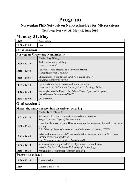 Workshop program - Norwegian PhD Network on Nanotechnology ...