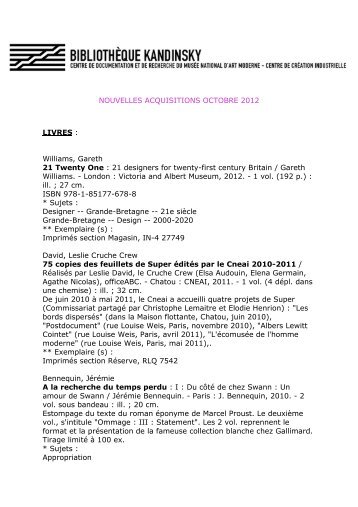NOUVELLES ACQUISITIONS OCTOBRE 2012 ... - Centre Pompidou