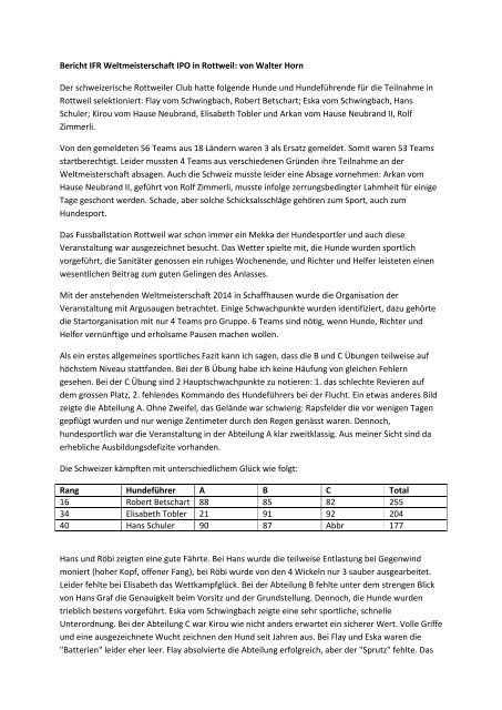 Bericht IFR Weltmeisterschaft IPO in Rottweil: von Walter Horn Der ...