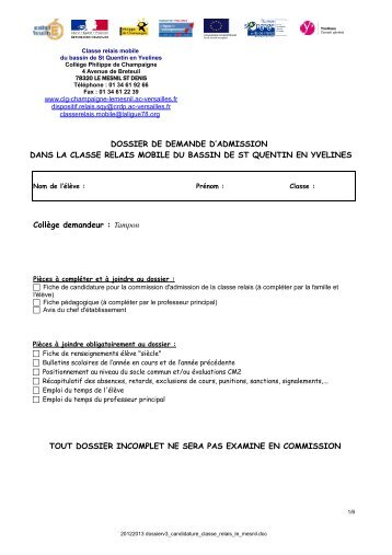 DOSSIER DE DEMANDE D'ADMISSION DANS LA CLASSE RELAIS ...