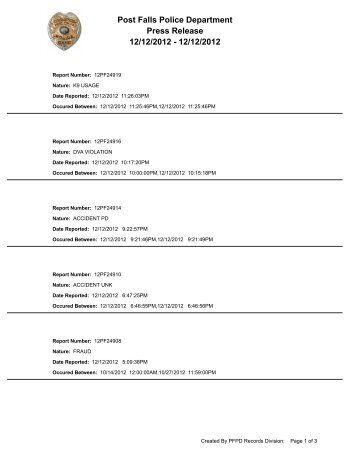 Post Falls Police Department Press Release 12/12/2012 - 12/12/2012