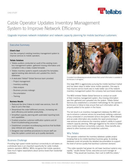 Cable Operator Updates Inventory Management System to ... - Tellabs