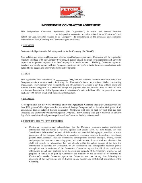 Independent Contractor Agreement Fetch Pet Care