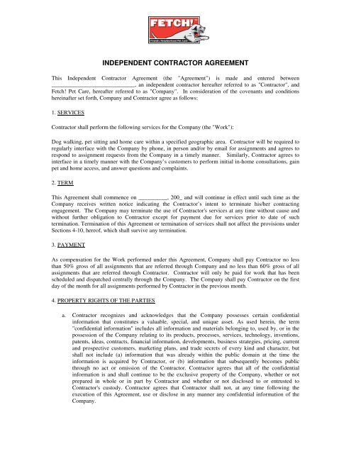 INDEPENDENT CONTRACTOR AGREEMENT - Fetch! Pet Care