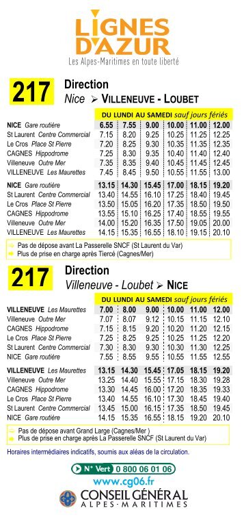 217 Direction Direction Villeneuve Loubet - Lignes d'azur