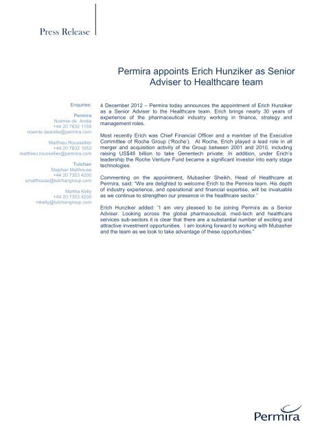 Permira appoints Erich Hunziker as Senior Adviser to Healthcare team