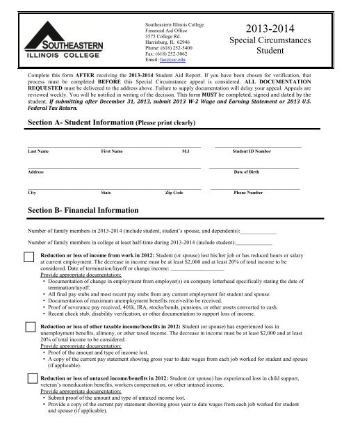 Student Special Circumstance Form - Southeastern Illinois College