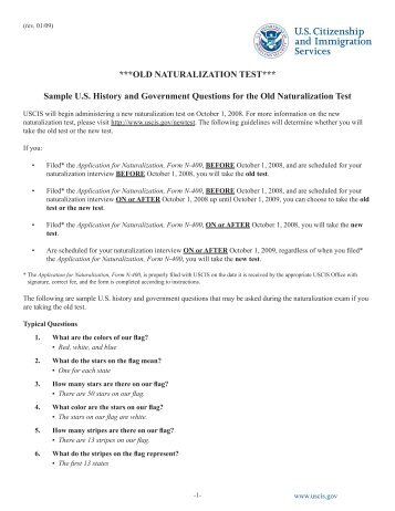 OLD NATURALIZATION TEST*** Sample US History - Project SHINE