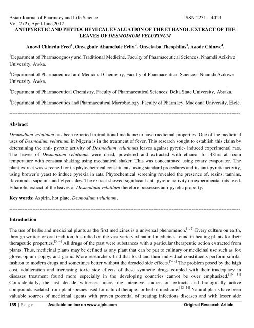 antipyretic and phytochemical evaluation of the ethanol