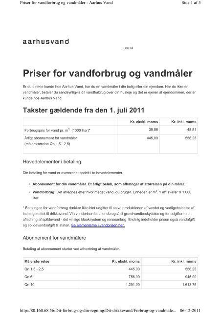 Priser for vandforbrug og vandmÃ¥ler - Aarhus Vand