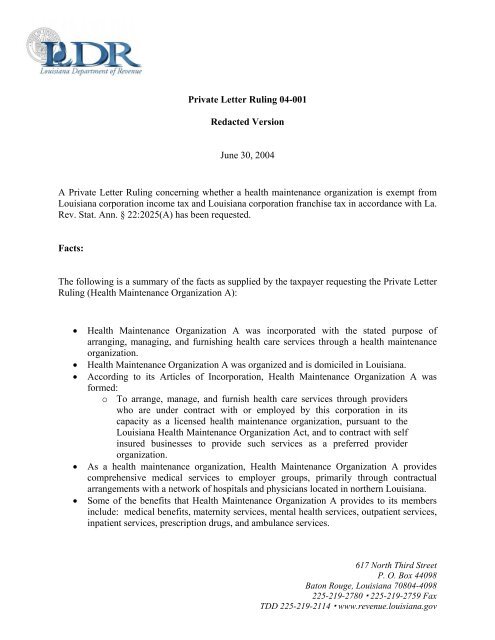 Private Letter Ruling 04-001 - Louisiana Department of Revenue