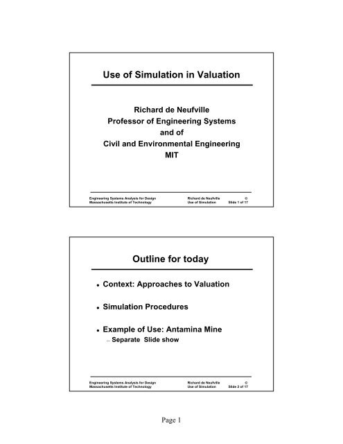 Use of Simulation in Valuation Outline for today - MIT