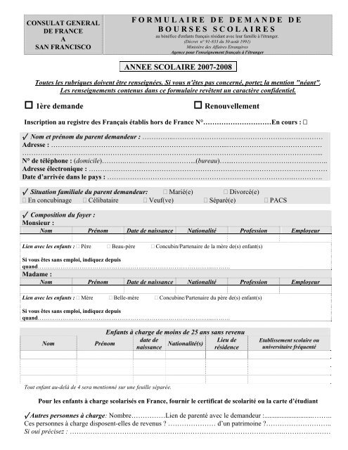 Formulaire De Demande De Bourses Scolaires Annee
