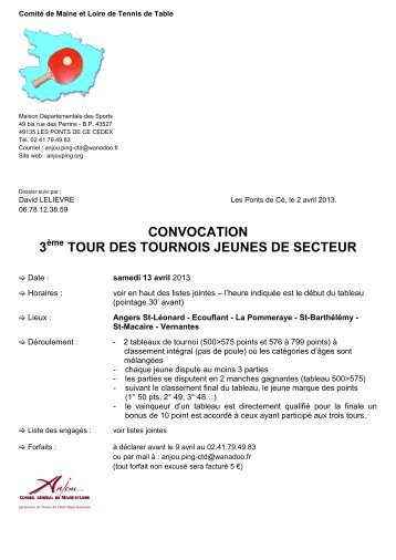 CONVOCATION 3 TOUR DES TOURNOIS JEUNES DE SECTEUR