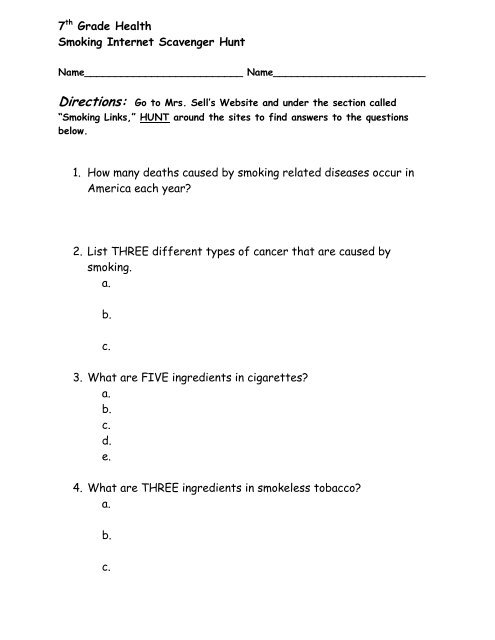 7th Grade Health Smoking Internet Scavenger Hunt 1. How many ...