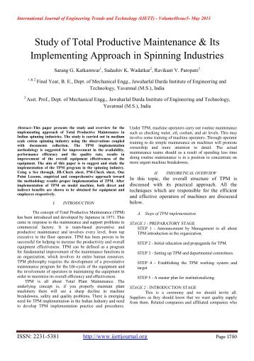 Study of Total Productive Maintenance & Its Implementing Approach ...