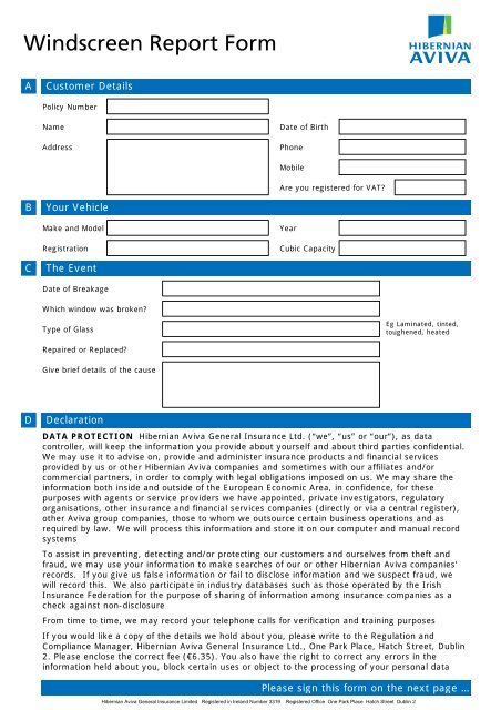 Windscreen Report Form - Aviva