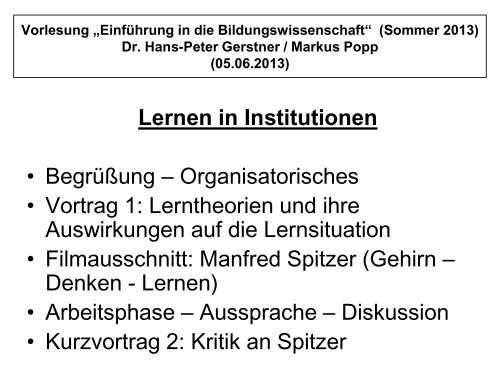 Lernen vermitteln in Institutionen - Funktionen und Effekte