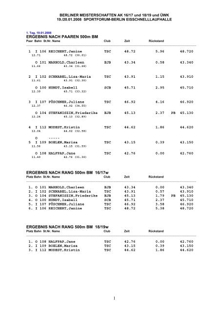 ERGEBNIS NACH PAAREN 500m BM - Eisschnelllauf-in-Berlin.de