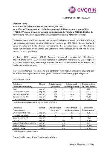 Emissionsdaten Kraftwerk Fenne 2010 - STEAG Power Saar GmbH