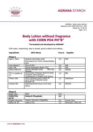Body Lotion without fragrance with CORN PO4 PH B - AAK - Agrana
