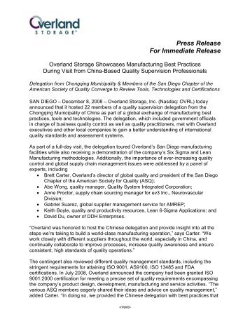 Press Release For Immediate Release - Overland Storage