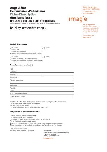 AngoulÃªme Commission d'admission Fiche d'inscription Ã©tudiants ...