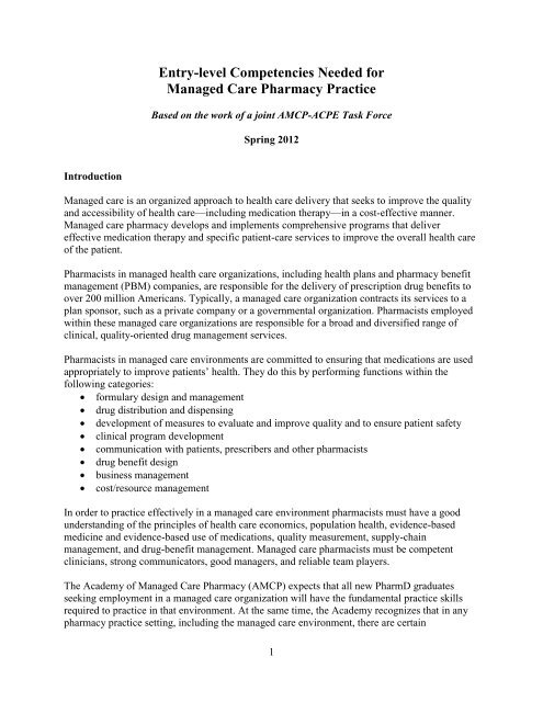 Entry-level Competencies Needed for Managed Care Pharmacy ...