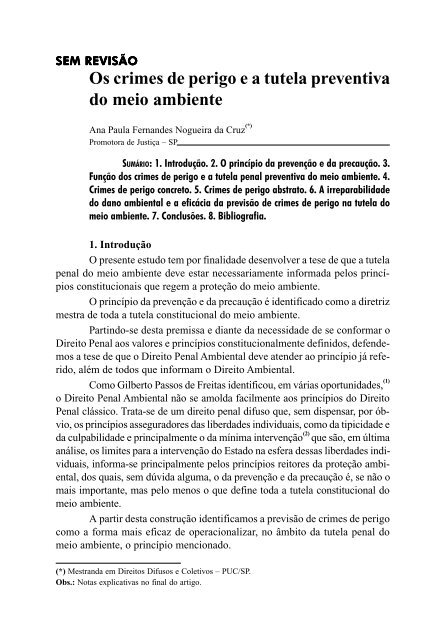 Os crimes de perigo e a tutela preventiva do meio ambiente