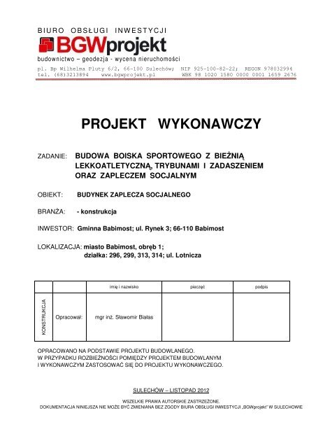 Projekt wykonawczy konstrukcja