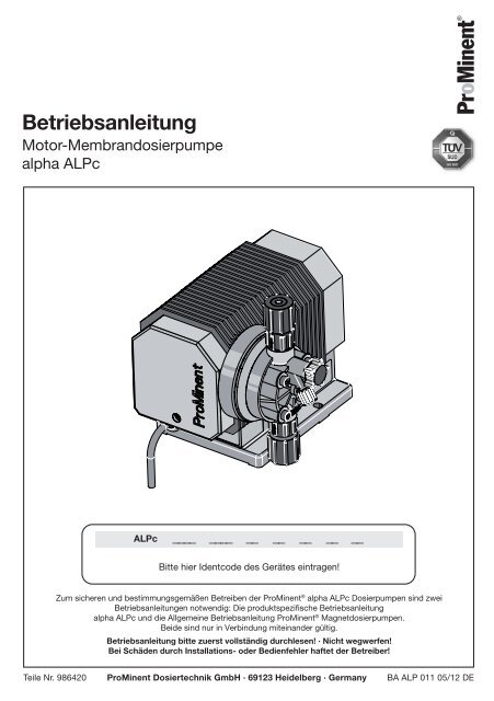 Betriebsanleitung - Motor-Membrandosierpumpe alpha ... - ProMinent