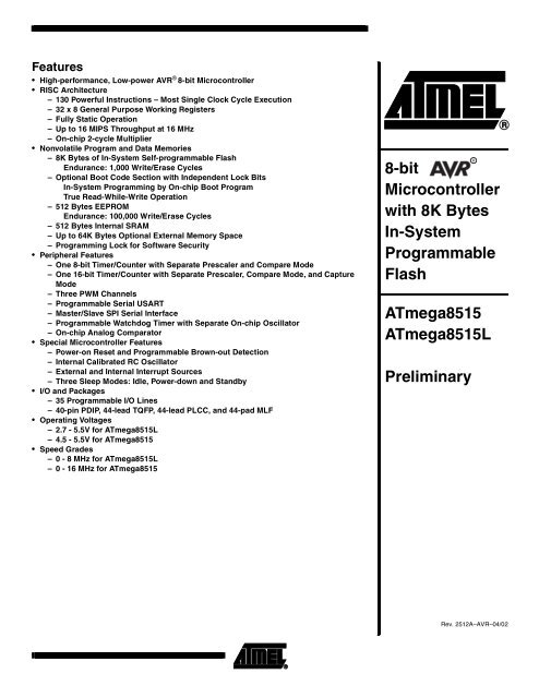 ATMEL Mega (AVR) 8515L Microcontroller data sheet