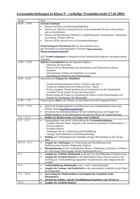 Lernstandserhebungen in Klasse 9 - vorlÃ¤ufige TerminÃ¼bersicht \(14