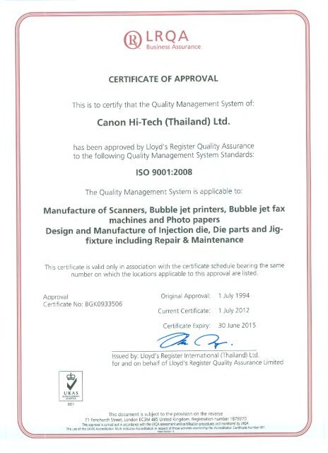 (Thailand) Ltd Certificate Number: BKG0933506 Expiry Date - Canon