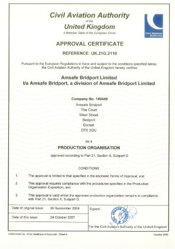 CAA Approval Certificate UK 21G 2110 - AmSafe