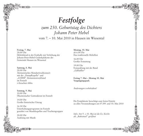 Festfolge Zum 250 Geburtstag Des Dichters Hausen Im Wiesental