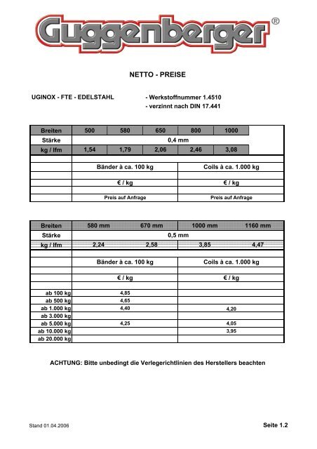 preise uginox tafeln