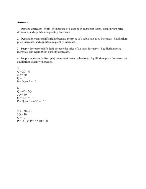 Sample Supply and Demand Exercises for Principles of ...