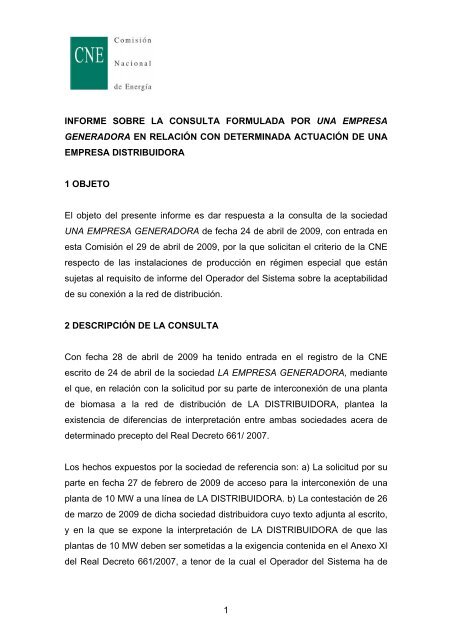 1 informe sobre la consulta formulada por una empresa generadora ...