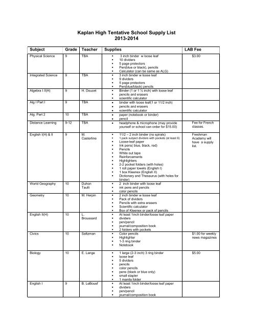 Kaplan High School Supply List