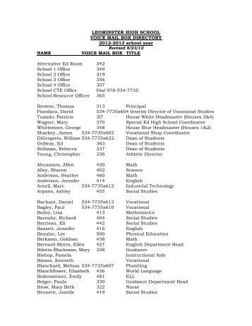 Staff Phone Directory - Leominster High School