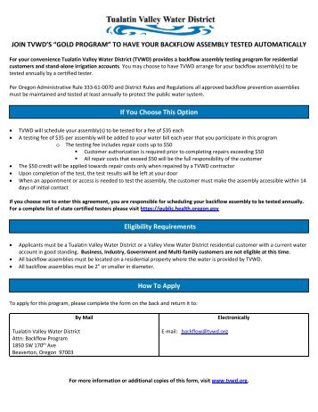 Backflow Contract Testing Application - Tualatin Valley Water District