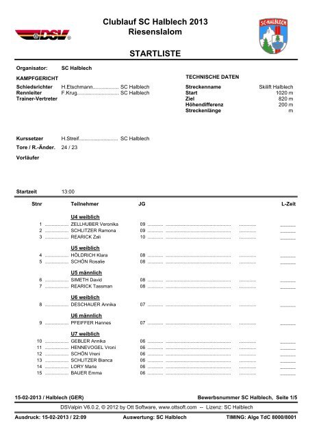 STARTLISTE Clublauf SC Halblech 2013 Riesenslalom